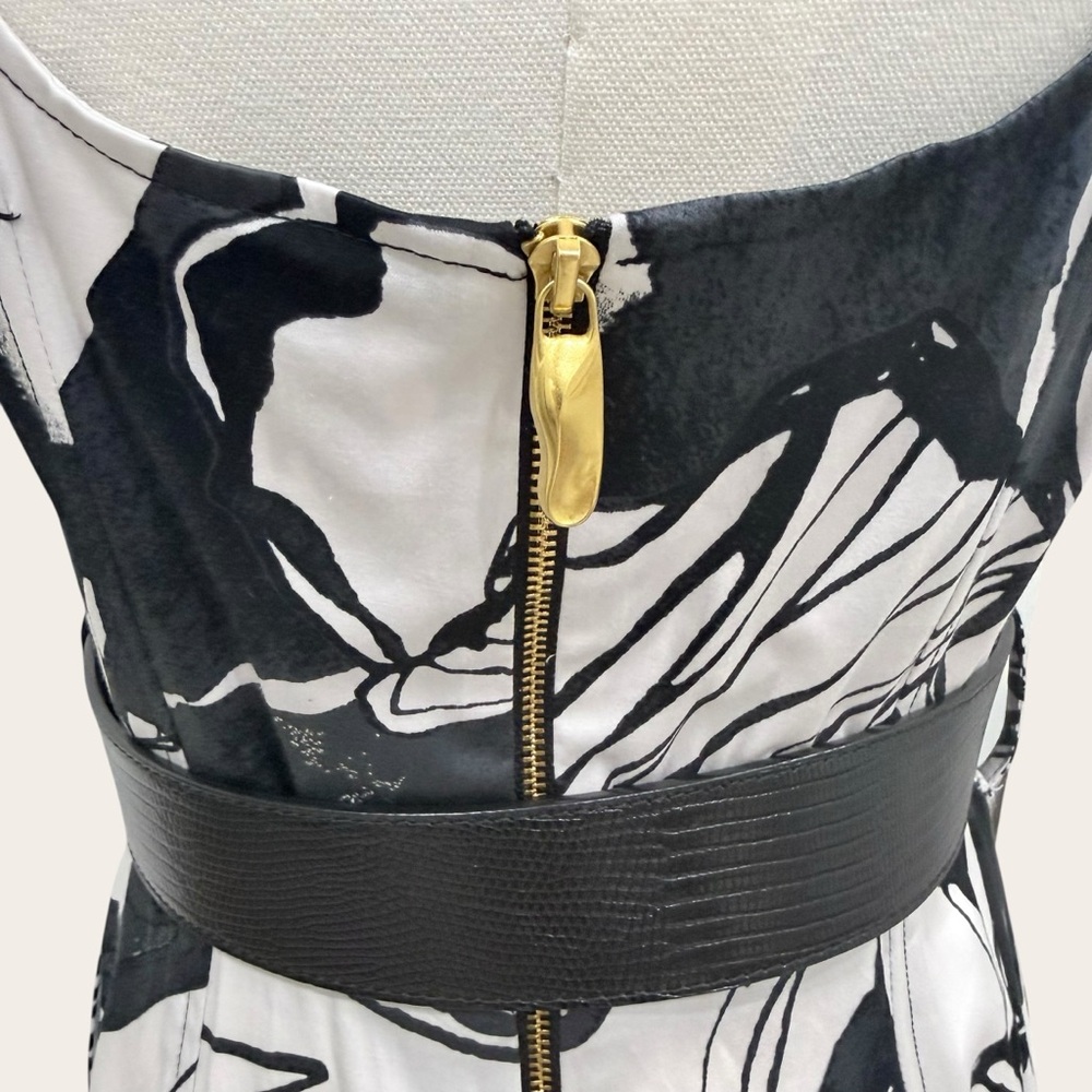 Donna Karan Floral Square Neck Belted Sateen Cotton Midi Dress Black/Pristine - Picture 6 of 16